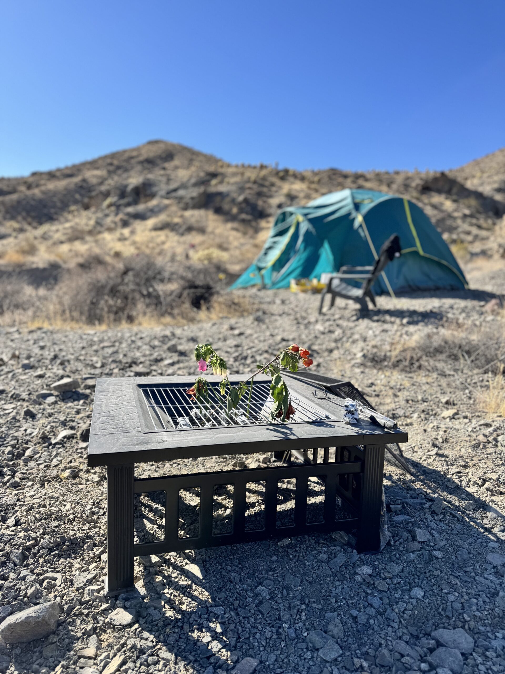 Stargazer tent with fire pit at Vegas Glamping