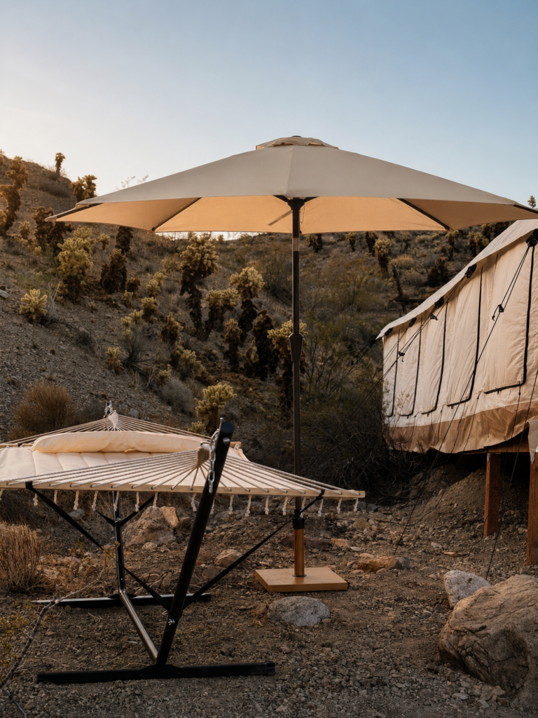 Outdoor safari tent with hammock to relax in