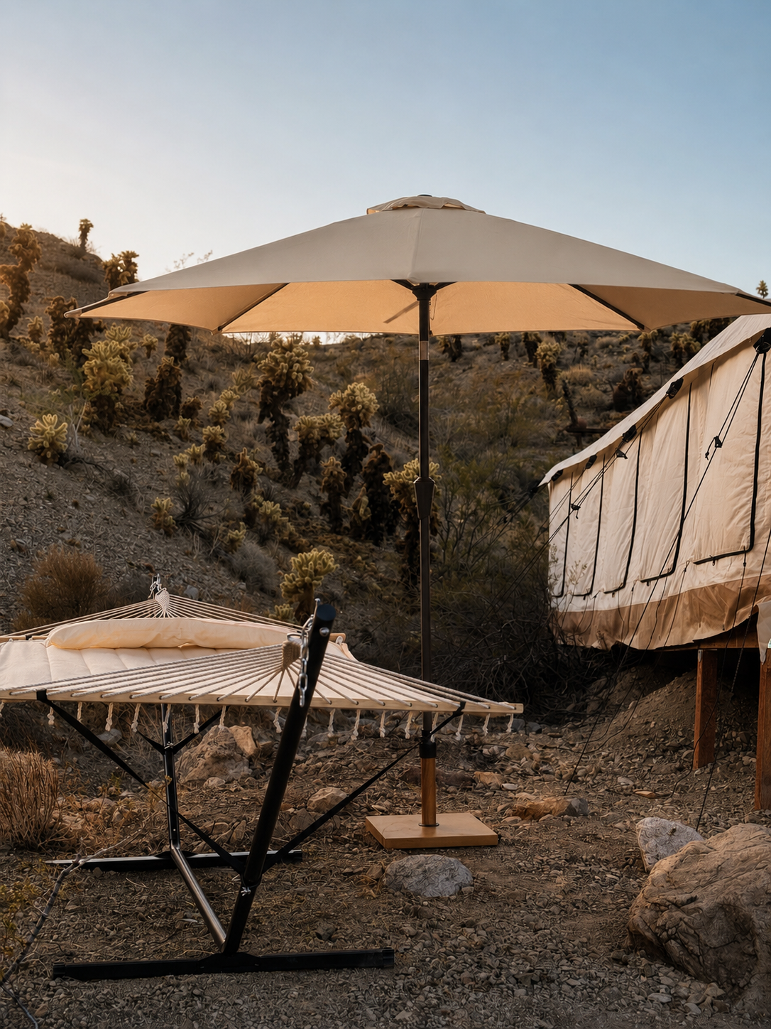 Outdoor safari tent with hammock to relax in